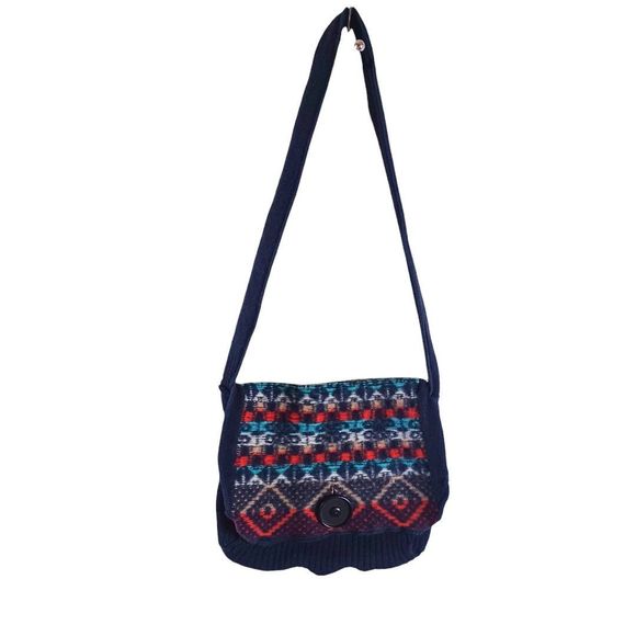 Boho Aztec Women's Crossbody Lined Button Knit Purse Bag Navy Blue Southwestern - Picture 3 of 10
